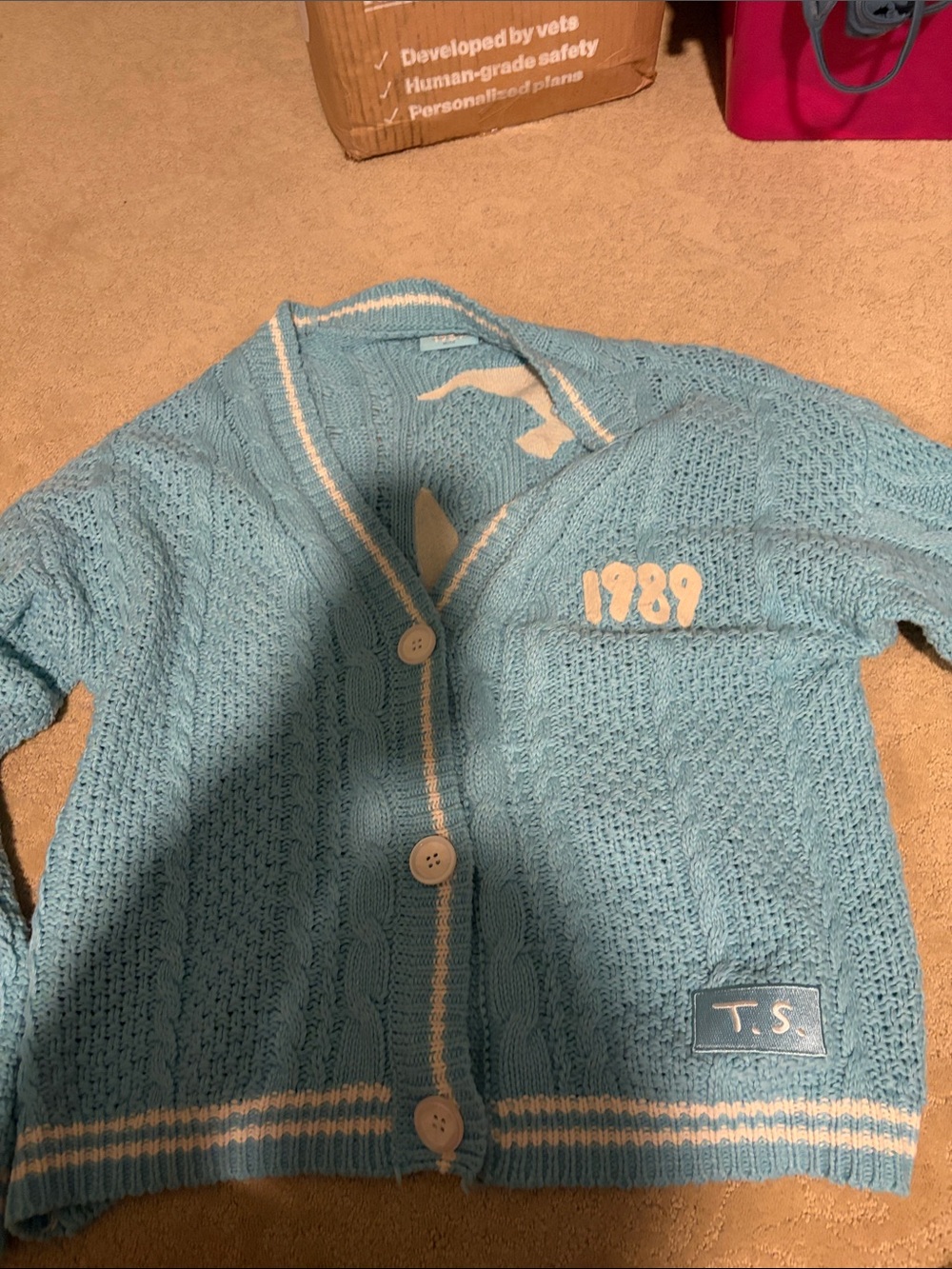 Taylor Swift Light Blue Cable-Knit Cardigan with White Trim